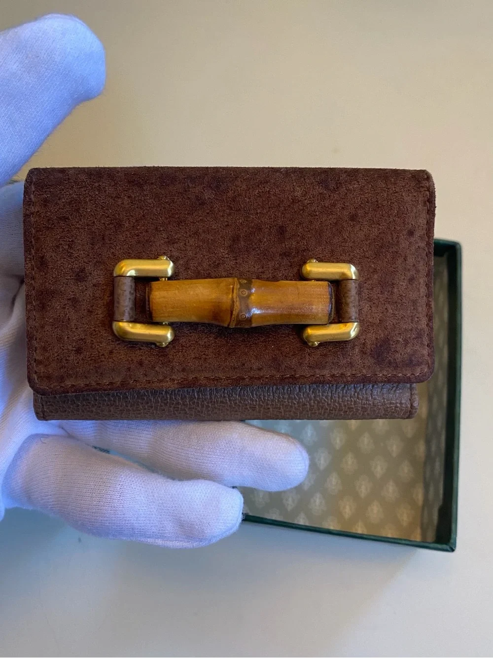 Gucci Brown Pebbled Leather Key / Card Case with Gold-Tone / Bamboo Hardware